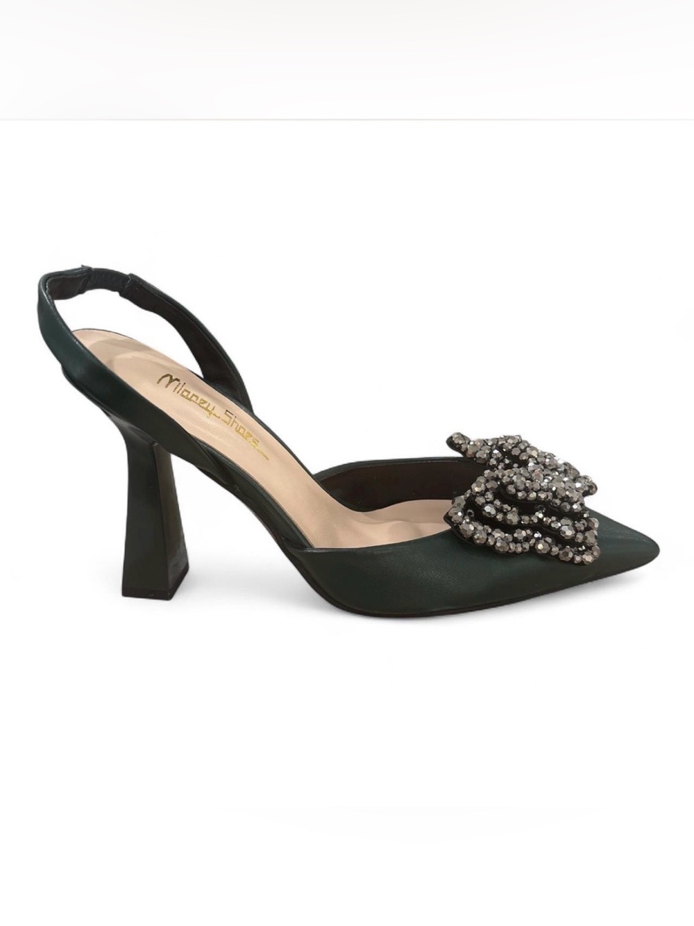 Green Slingback Pointed Toe Pump with Embellishment. Size 7.5